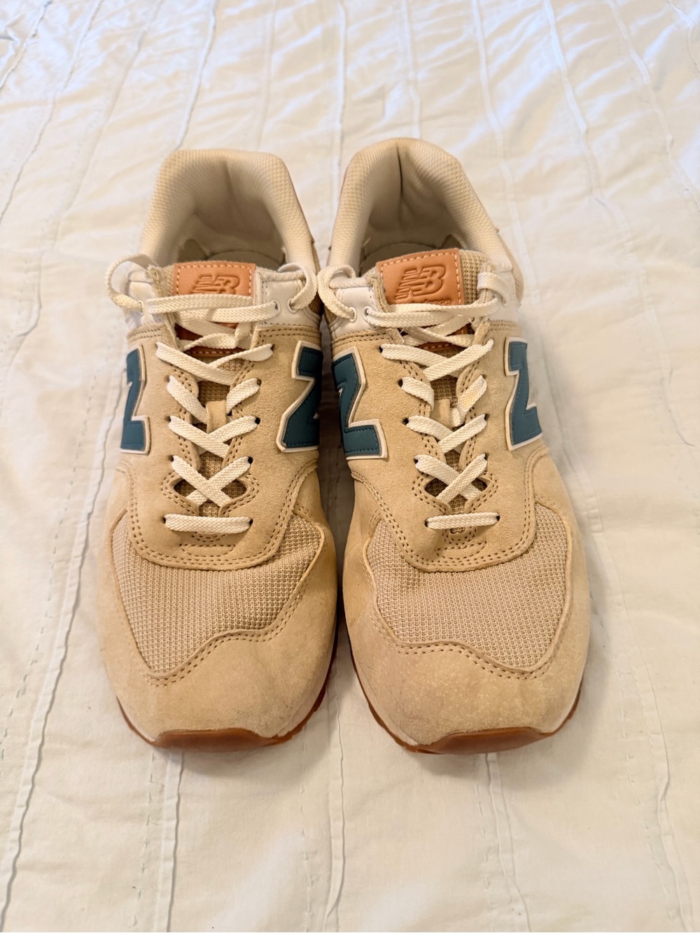 New Balance Men’s Beige Suede & Mesh Sneakers with Blue Logo
